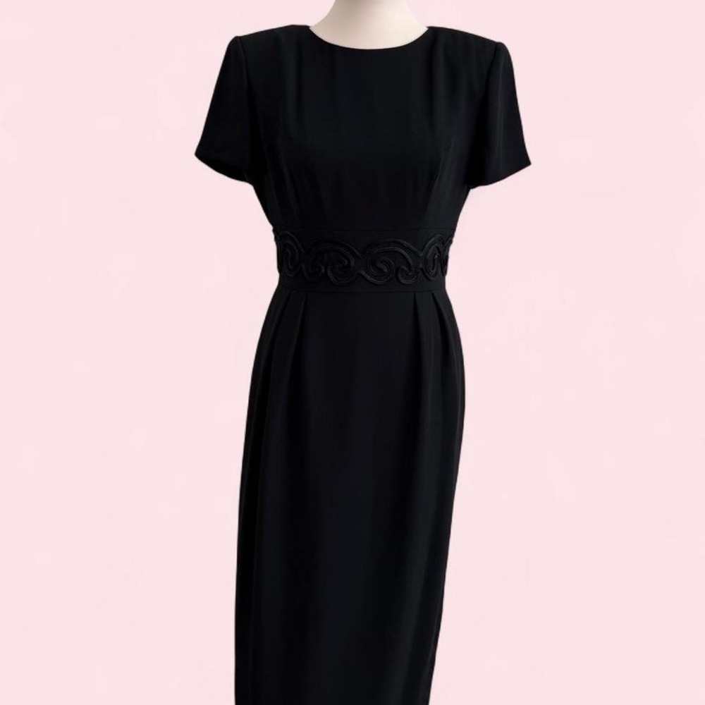 Vintage Donna Morgan black midi dress with‎ intricate waist detail 8